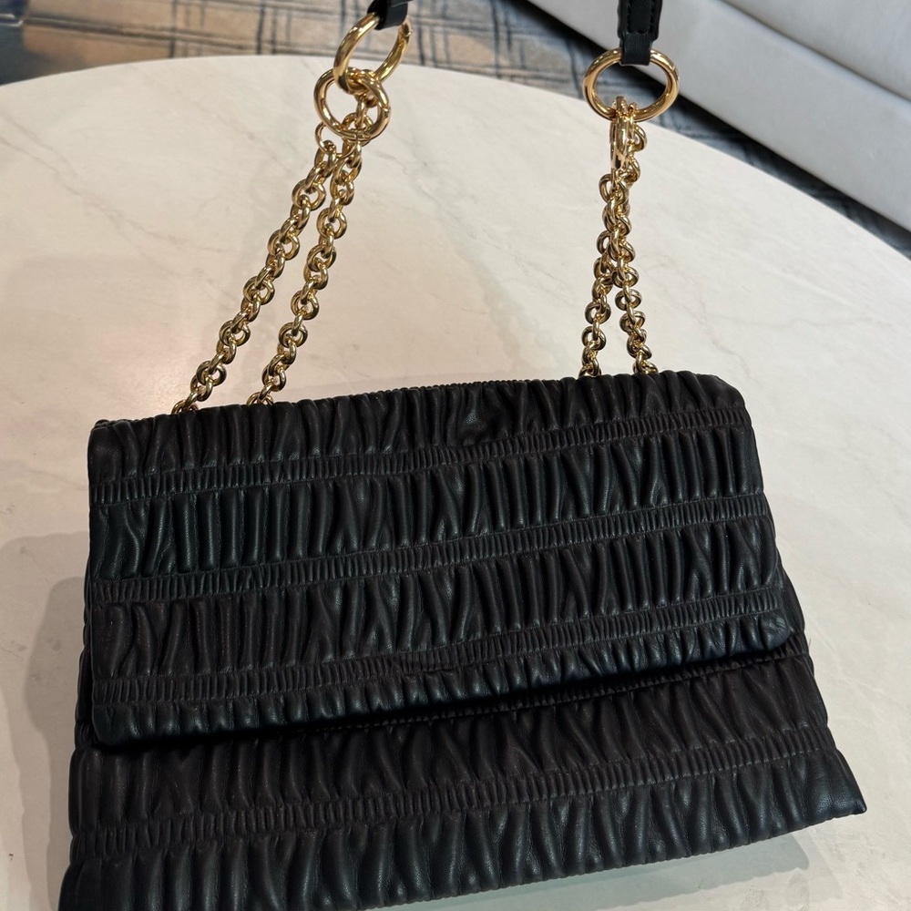 House of Want HOW Black Ruched Shoulder Bag with Gold Chain